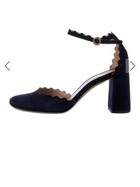 Chloe suede scalloped accent D’Orsay ankle strap pumps heels